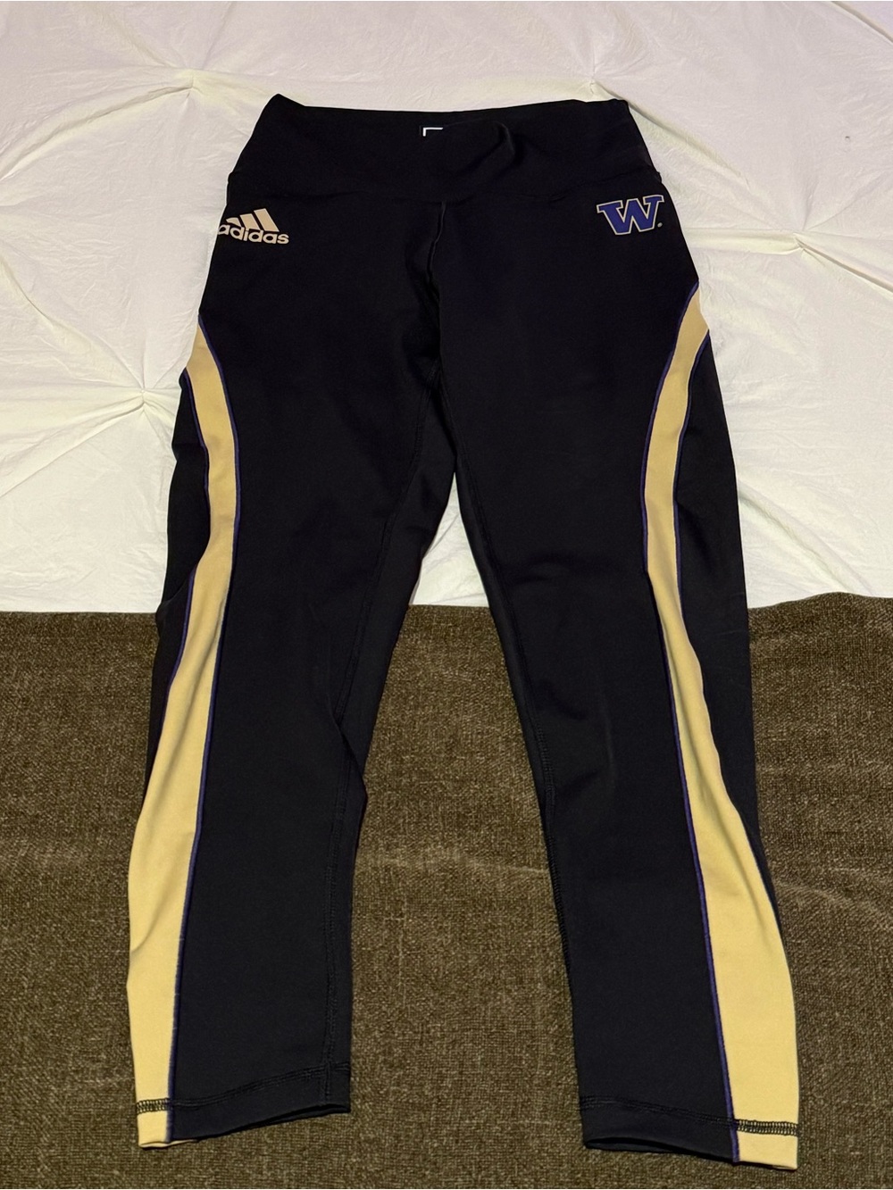 Adidas Black Leggings with Gold Side Panels and Purple Trim